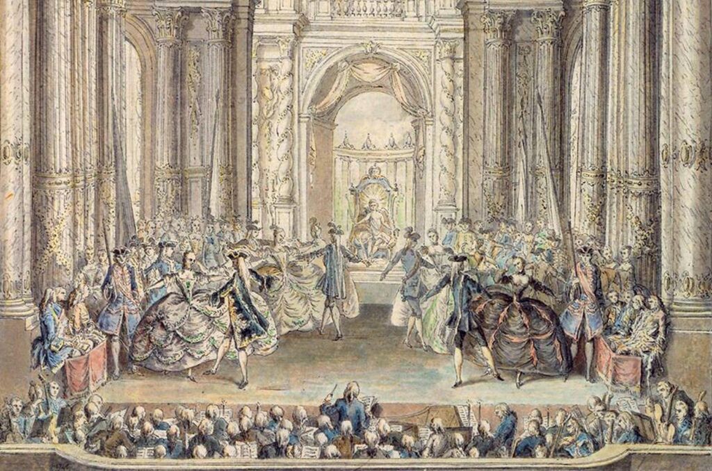 Historical illustration of a ballet performance in the royal court of Versailles, with dancers in ornate costumes performing for King Louis XIV.